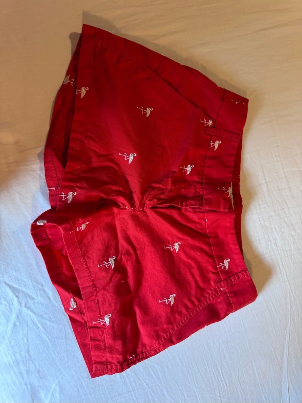 J. Crew Red Flamingo-Embroidered Women's Chino Shorts. Size 0